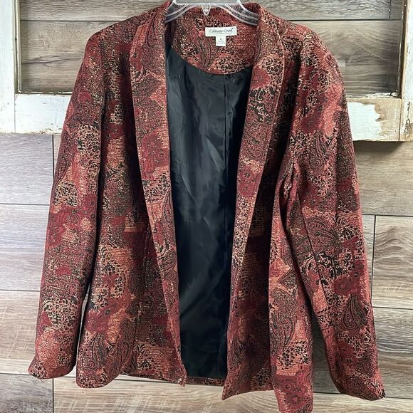 COLDWATER CREEK Sz Medium Rich Red Metallic Paisley Open Red Rust Blazer Jacket - Picture 2 of 8